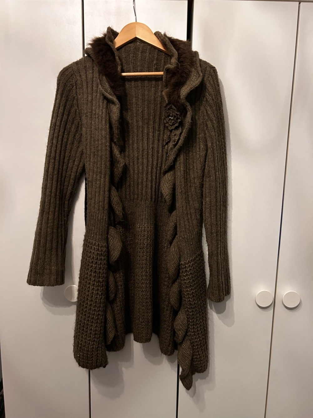 Brown Ribbed Knit Open Cardigan with Braided Trim